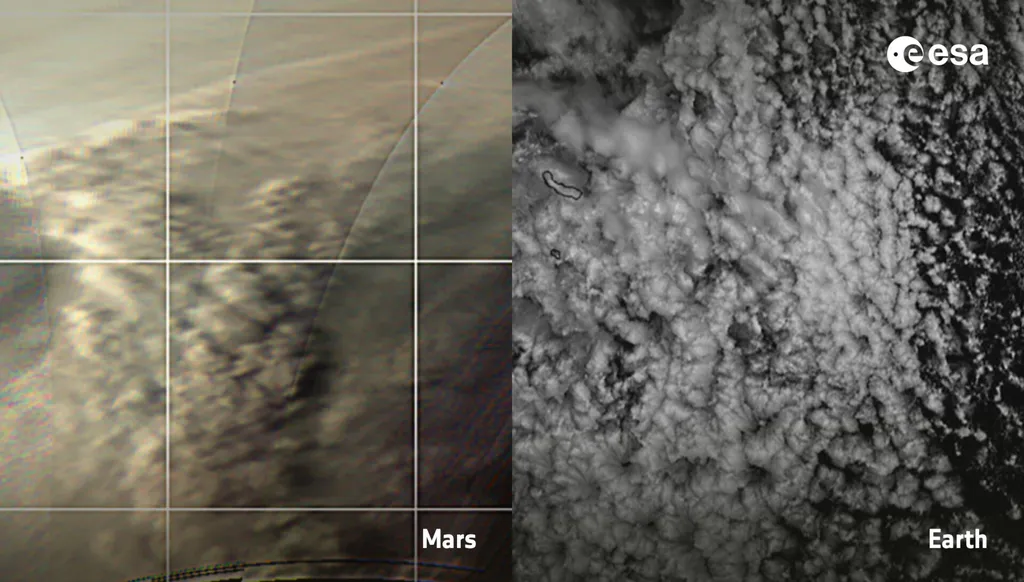 Comparação dos padrões de nuvens em tempestades de poeira em Marte (esquerda) e células de convecção na atmosfera terrestre (direita) (Imagem: Reprodução/ESA/GCP/UPV/EHU Bilbao/EUMETSET)