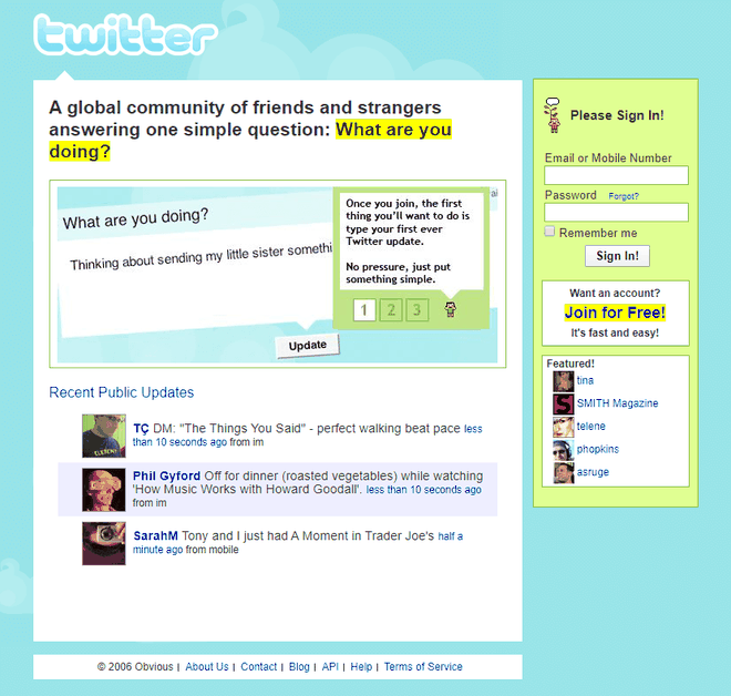 Visual do Twitter em 2006 (Imagem: Reprodução/Web Design Museum)