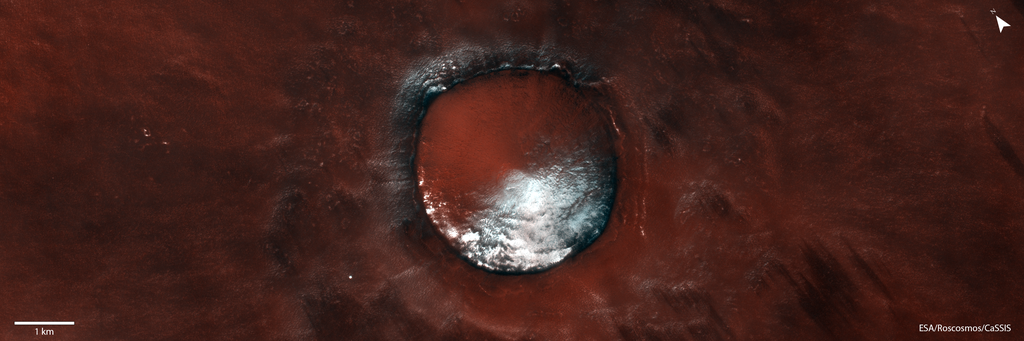 A cratera registrada pela Trace Gas Orbiter (Imagem: Reprodução/ESA/Roscosmos/CaSSIS)