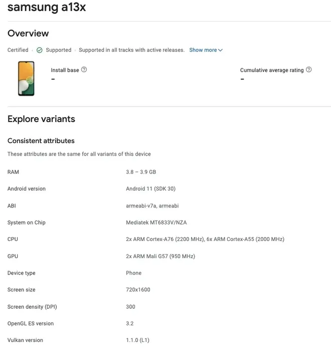 Galaxy A13 5G será uma das opções mais baratas com suporte para a última geração de conectividade móvel (Imagem: Google Play Console)