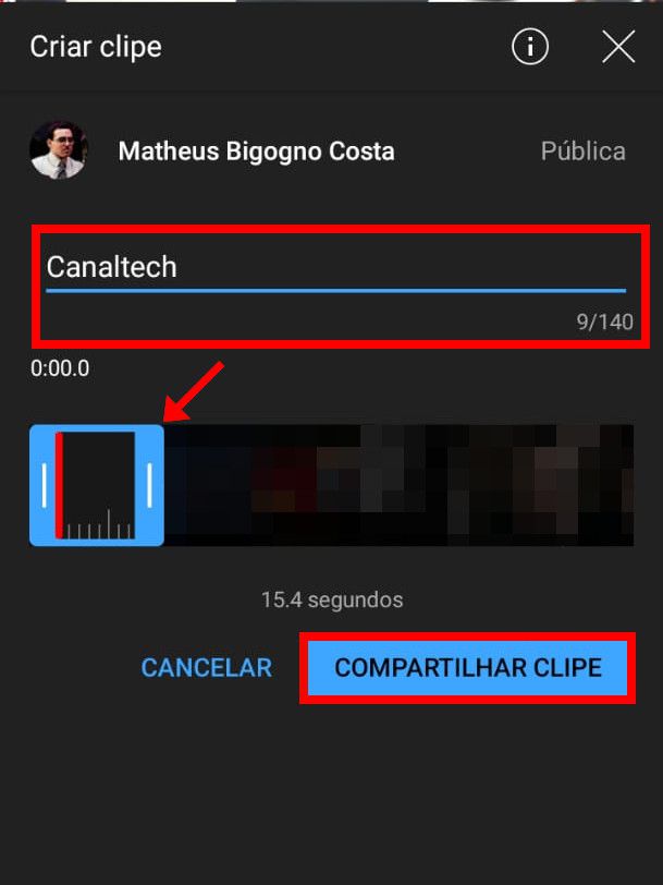 Dê um nome para um clipe, ajuste o tempo e clique em "Compartilhar clipe" (Captura de tela: Matheus Bigogno)