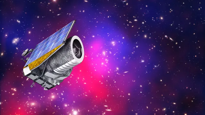 Conceito do telescópio Euclid no espaço (Imagem: Reprodução/ESA/C. Carreau/NASA/ESO/CXC/D. Coe/J. Merten)