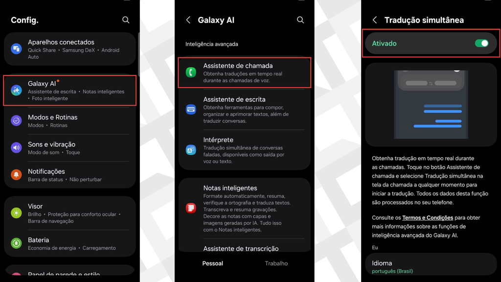 Passos para ativar e desativar funções do Galaxy AI