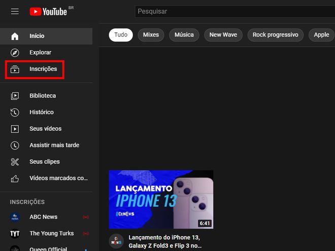 Abra o YouTube e acesse a aba "Inscrições" no menu esquerdo (Captura de tela: Matheus Bigogno)
