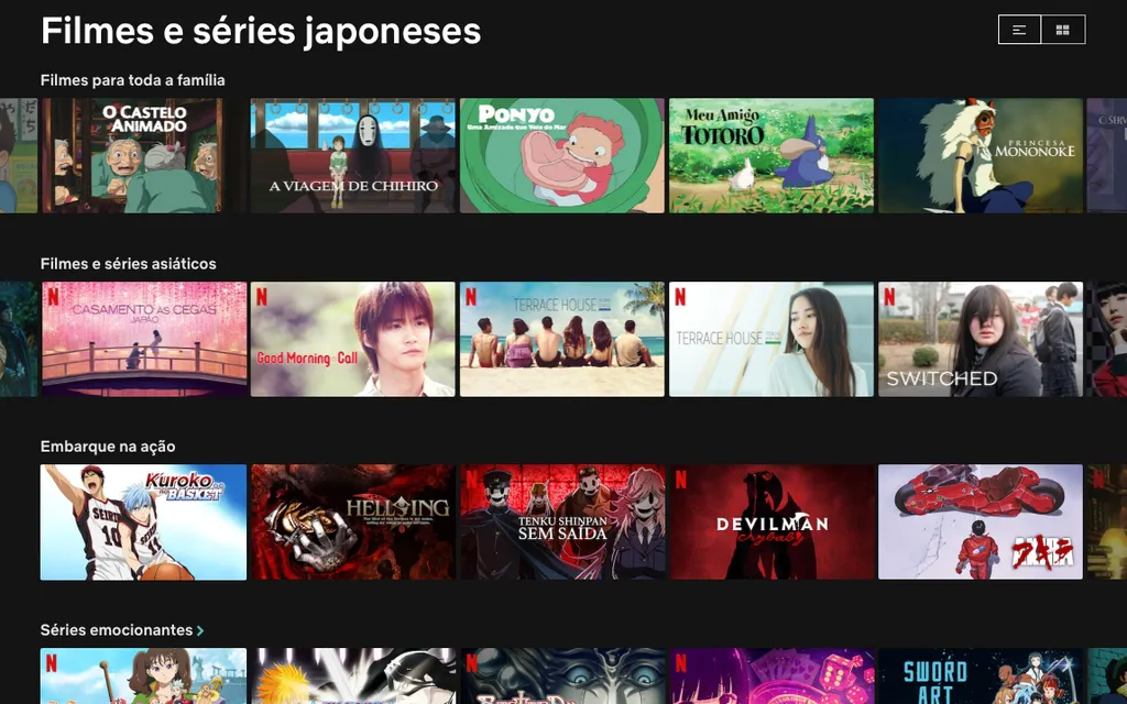 Alguns exemplos de séries e filmes japoneses que você encontra na Netflix do Brasil (Captura de tela: Caio Carvalho)