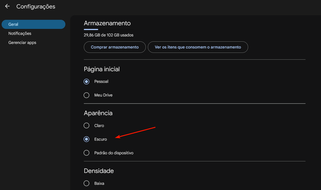 É possível alterar a aparência do Google Drive na web na seção de configurações (Imagem: Captura de tela/Douglas Ciriaco/Canaltech)