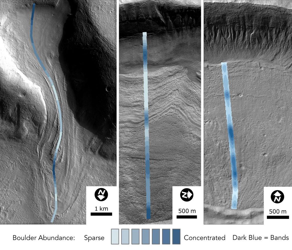 Imagem de uma geleira em Marte mostra a presença de formações geológicas no gelo (Imagem: Reprodução/Joe Levy/Colgate University)