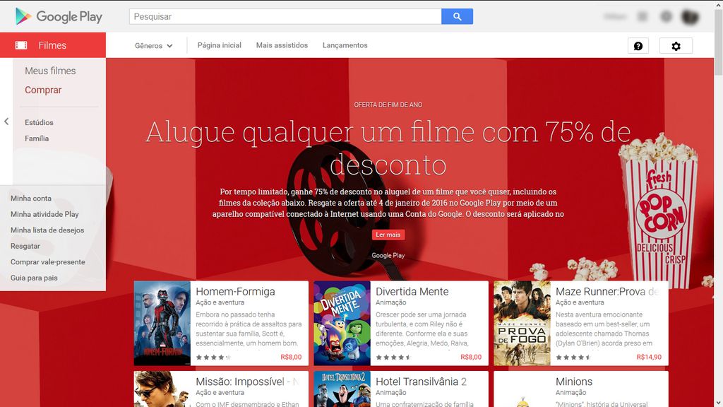 Google Play oferece descontos de até 75% em aluguel de filmes 