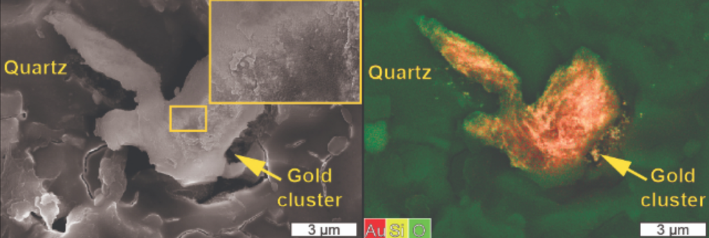 O acúmulo de ouro em quartzo graças a tremores, como demonstrado na pesquisa (Imagem: Voisey et al./Nature Geoscience)