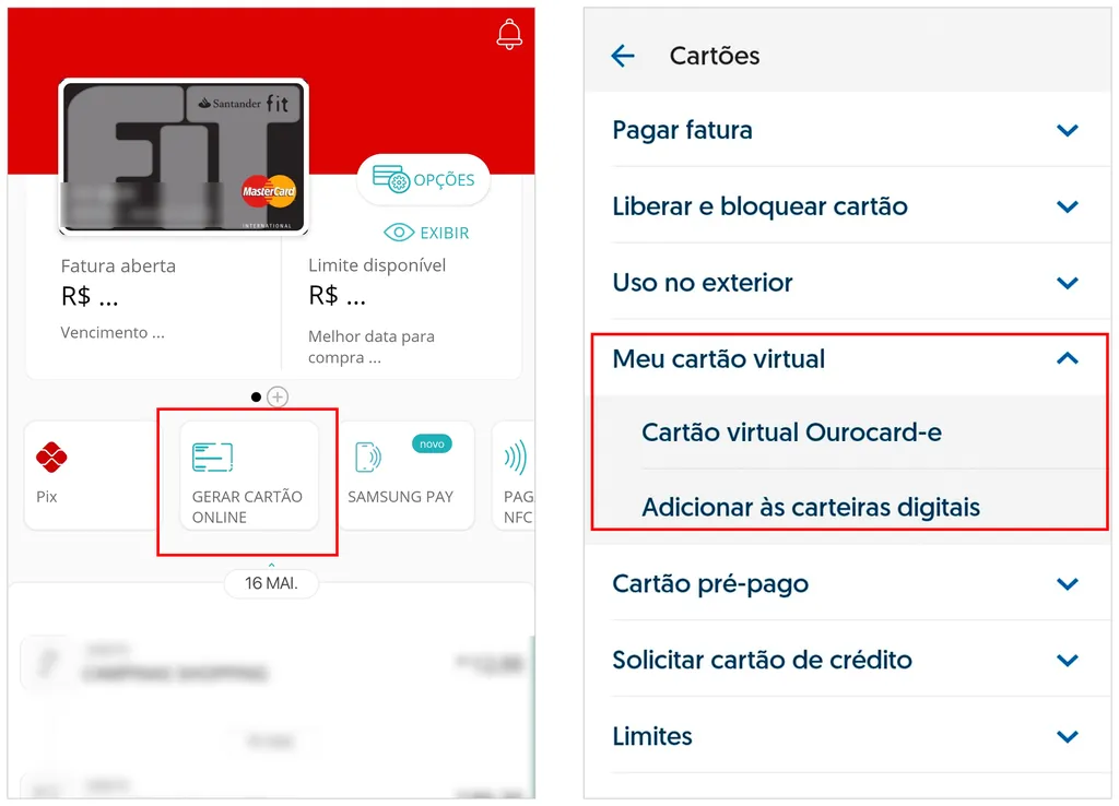 Crie um cartão virtual pelo aplicativo do seu banco (Captura de tela: André Magalhães)