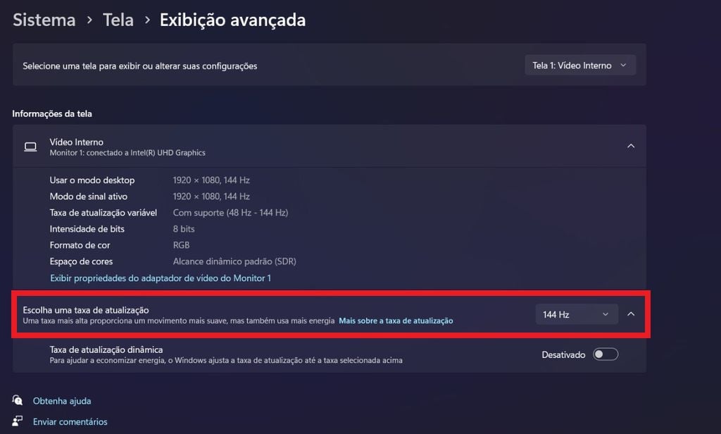 Configuração de Taxa de atualização no Windows