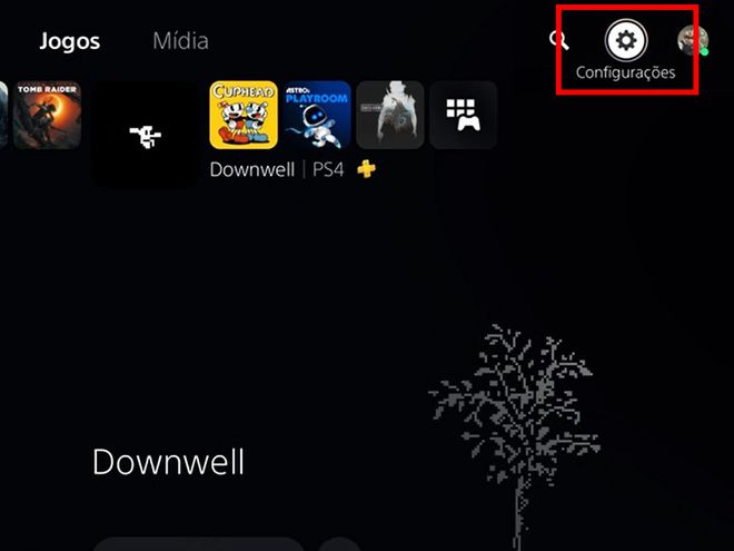 Na tela inicial do PlayStation 5, acesse o menu de "Configurações" no canto superior direito (Captura de tela: Matheus Bigogno)