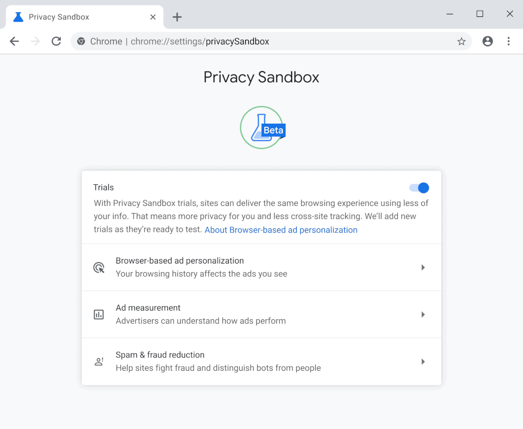 A Privacy Sandbox ainda está em fase de testes e disponível somente no Google Chrome (Imagem: Reprodução/Google)
