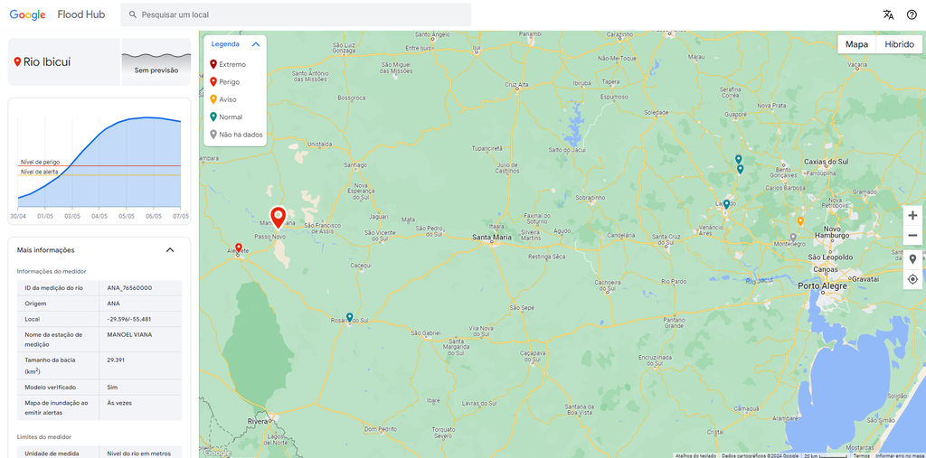 Google Flood Hub usa IA e dados do Serviço Geológico do Brasil para monitorar nível dos rios (Imagem: Captura de tela/Bruno De Blasi/Canaltech)