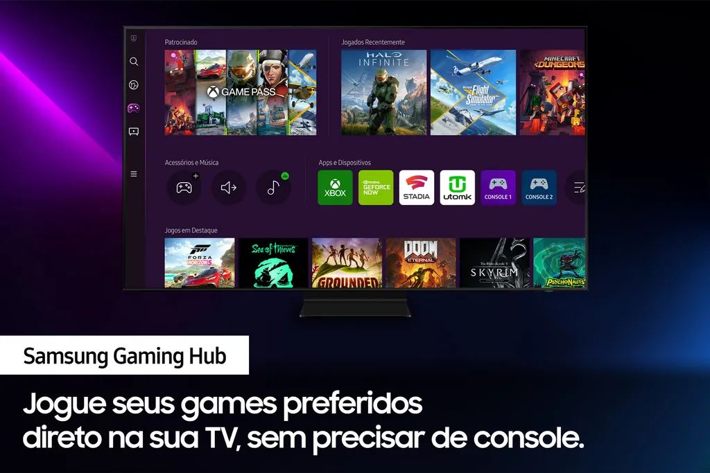 Com o Gaming Hub, a Samsung Neo QLED 4K QN85B concentra seus games favoritos e os maiores serviços de streaming de jogos do mundo em um só lugar (Imagem: Samsung)