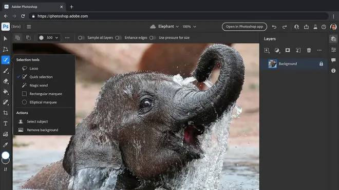 O Photoshop web funciona como uma versão mais básica do editor de imagens da Adobe (Imagem: Reprodução/Adobe)