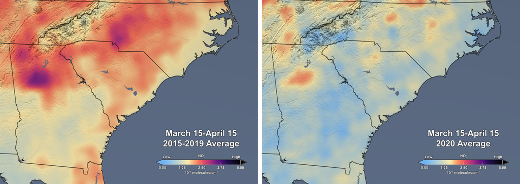 Comparativo dos dados coletados entre 2015 (à direita) e entre março e abril de 2020 (à direita) mostra a redução das taxas de dióxido de nitrogênio (Imagens: Scientific Visualization Studio da NASA)