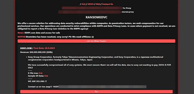 Ransomed.vc グループの発表では、9 月 28 日にソニーのデータが漏洩することが約束されていました。 暴露は行われておらず、侵害されたボリュームの販売に関する情報はありません (画像: Reproduction/Cyber​​SecurityConnect)