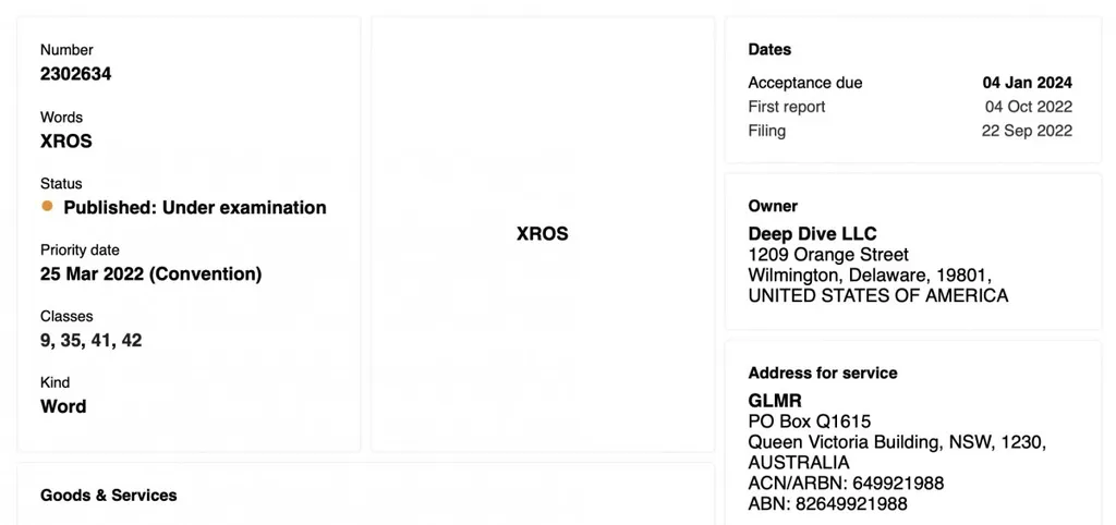 O pedido de registro do "xrOS" foi feito pela Deep Dive LLC, uma suposta empresa de fachada da Apple (Imagem: Reprodução/USPTO)