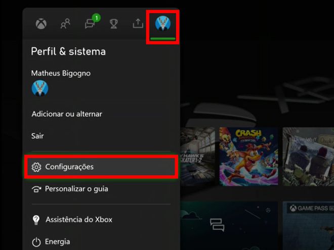 Aperte o botão central do controle do Xbox One, acesse a aba "Perfil & Sistema" e depois "Configurações" (Captura de tela: Matheus Bigogno)