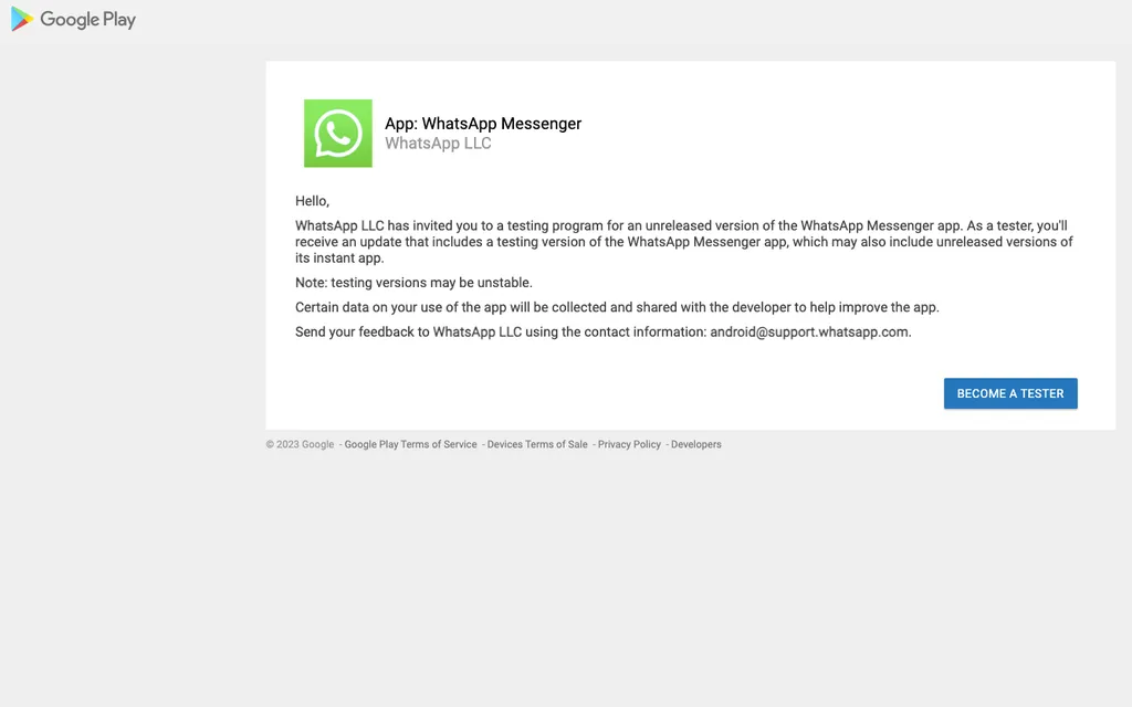 Solicite ser usuário de testes do WhatsApp (Imagem: Captura de tela/Thiago Furquim/Canaltech)