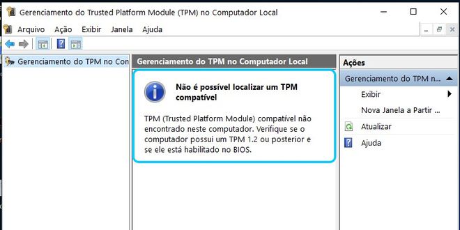 Essa tela confirma a ausência da ativação do TPM no computador (Imagem: Igor Almenara/Canaltech)