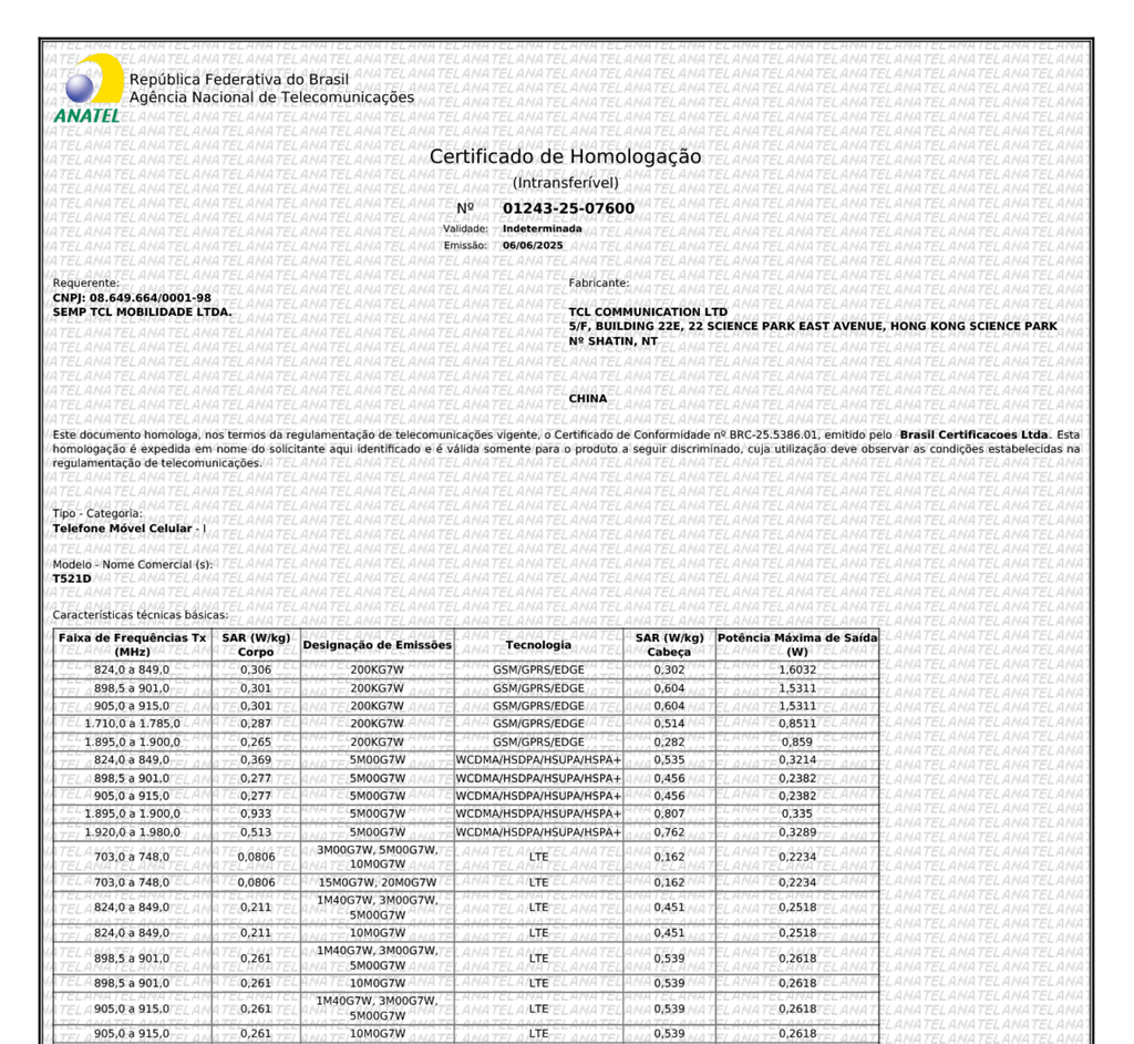 Certificação TCL 60 SE NXTPAPER 5G