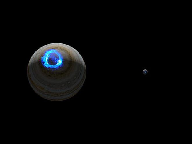 Aurora em Júpiter em comparação com a Terra (Imagem: Reprodução/NASA/JPL-Caltech/SwRI/UVS/STScI/MODIS/WIC/IMAGE/ULiège)
