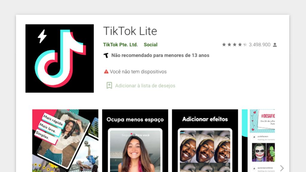 TikTok Lite é versão mais leve e rápida do aplicativo de vídeos (Captura de tela: Caio Carvalho)