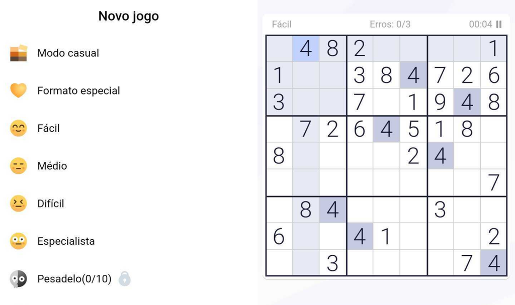 Você pode escolher diferentes níveis de dificuldade no Sudoku - jogos de quebra-cabeça (Imagem: Captura de tela/Fabrício Calixto/Canaltech)