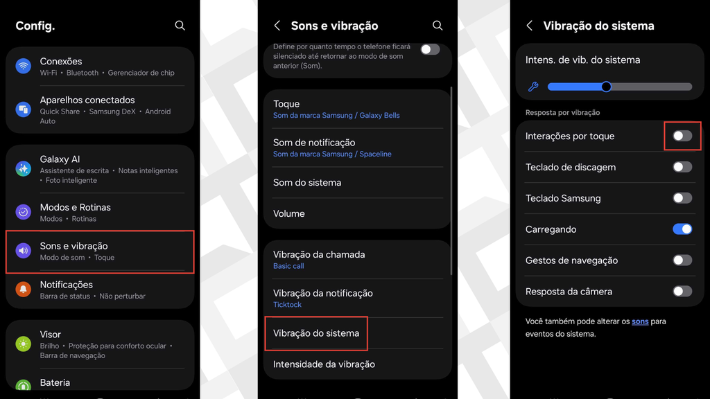Passos para desativar vibração no Samsung