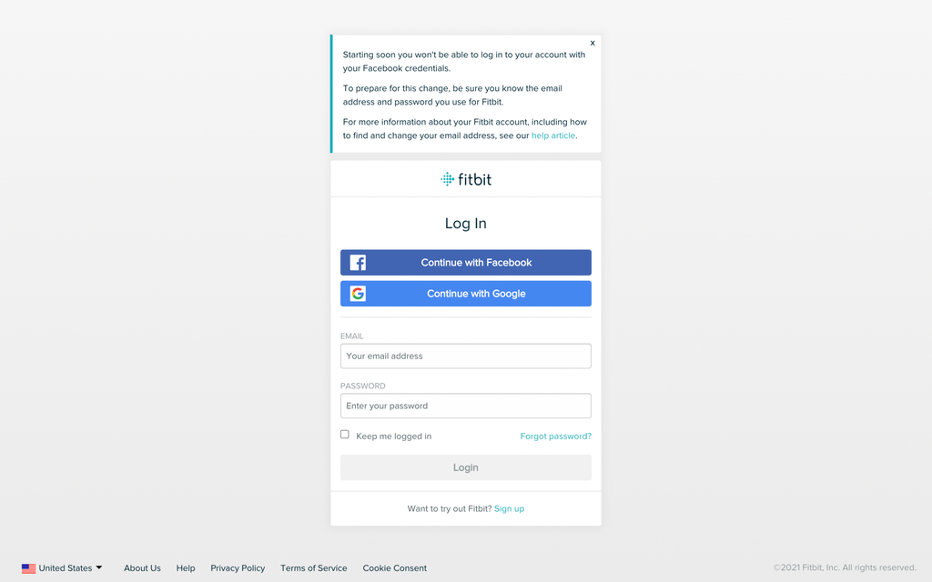 Além de comunicar a remoção do Facebook, a Fitbit também sugere um artigo para troca de e-mail de registro no sistema (Imagem: Reprodução/9to5Google)