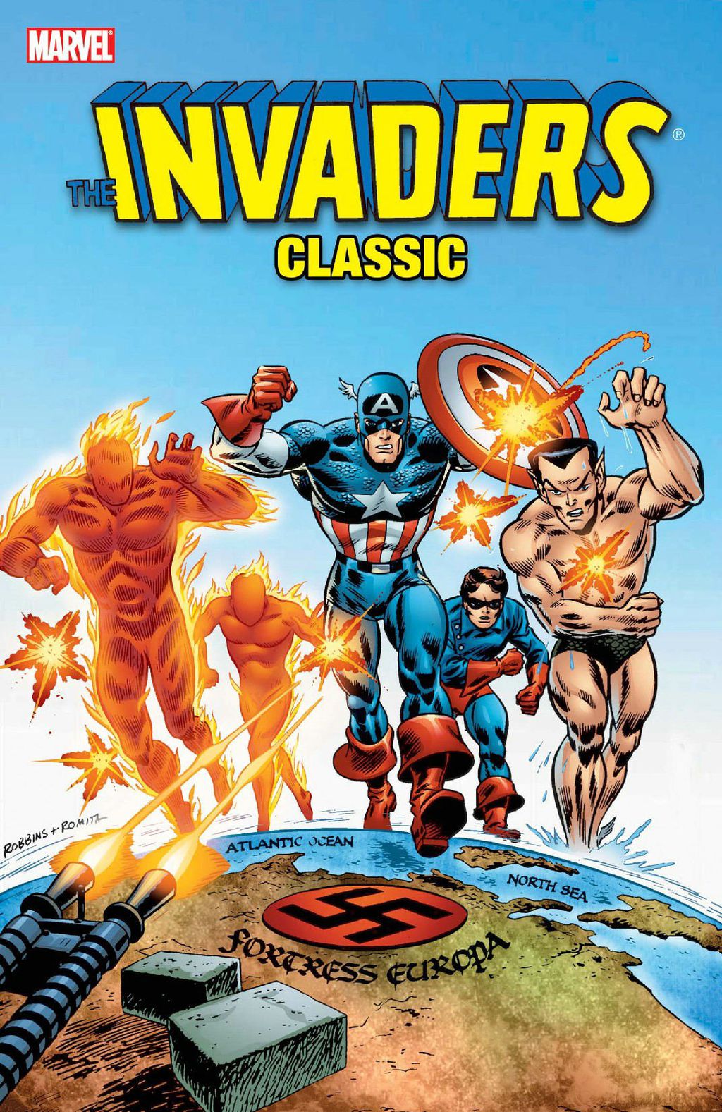 Os heróis mirins Centelha, 2º à esquerda; e Bucky, 4º à esquerda. (Imagem: Divulgação/Marvel)