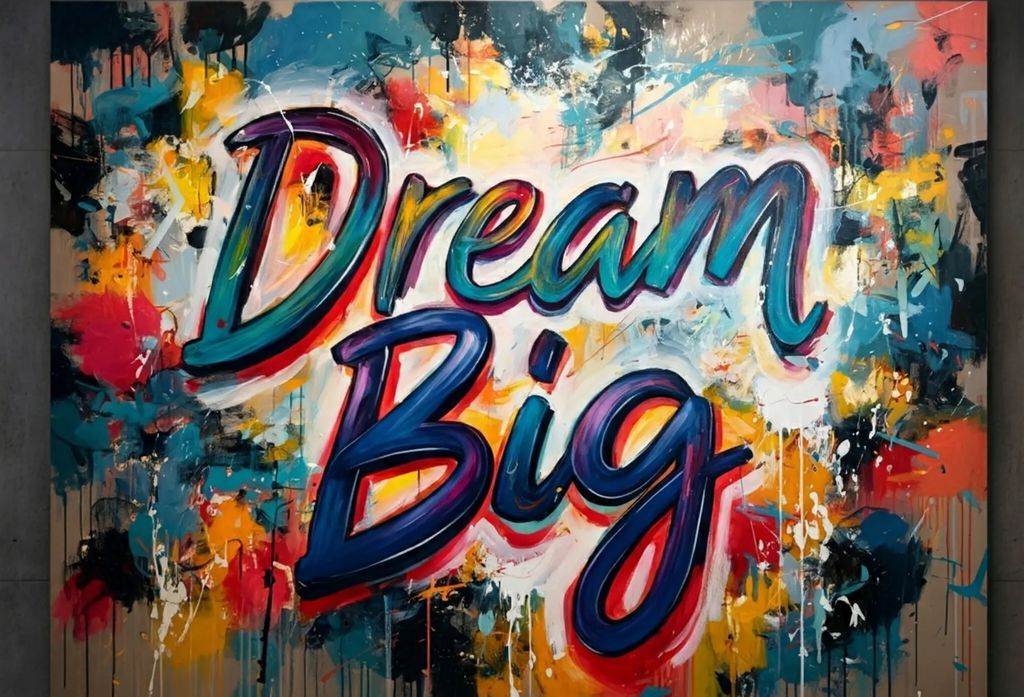 Imagem gerada pelo Gemini com o prompt: "Uma pintura abstrata vibrante com as palavras "Dream Big" espalhadas pela tela em cores fortes" (Imagem: Divulgação/Google)