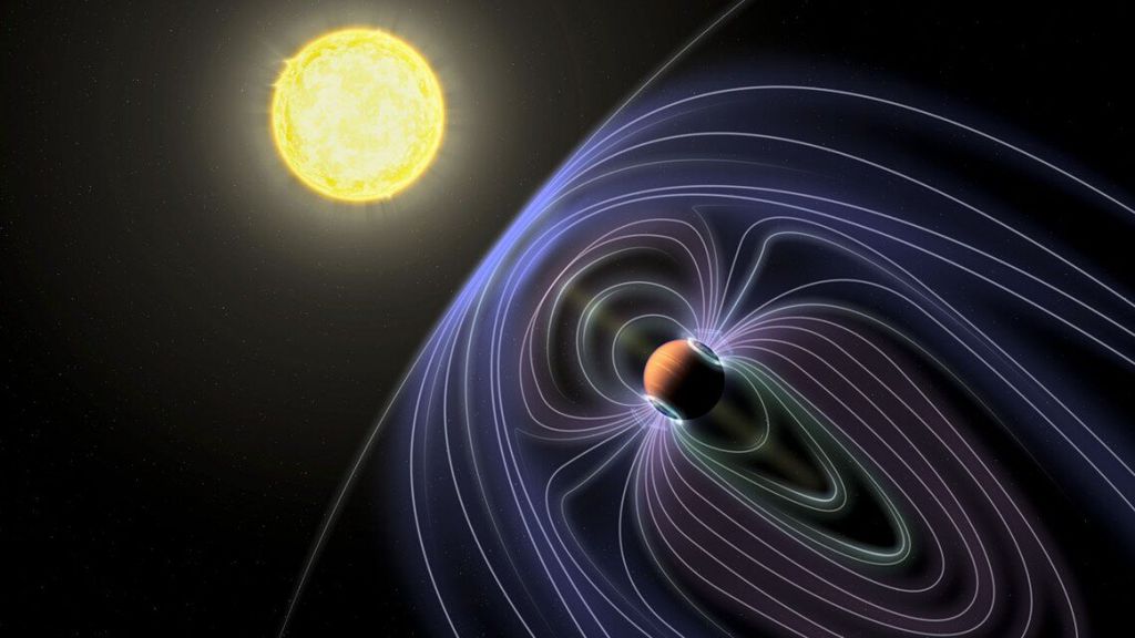 Conceito artístico do sistema Tau Bootes, com seu júpiter quente e as linhas de seu campo magnético (Imagem: Reprodução/Jack Madden/Cornell University) 