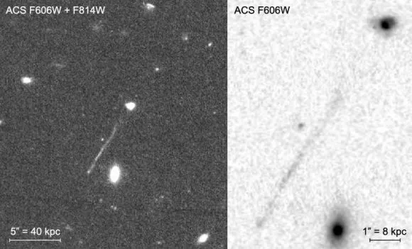 Imagem do Hubble flagra um rastro no meio circungaláctico ao redor da galáxia anã RCP 28 (Imagem: Reprodução/van Dokkum et al)
