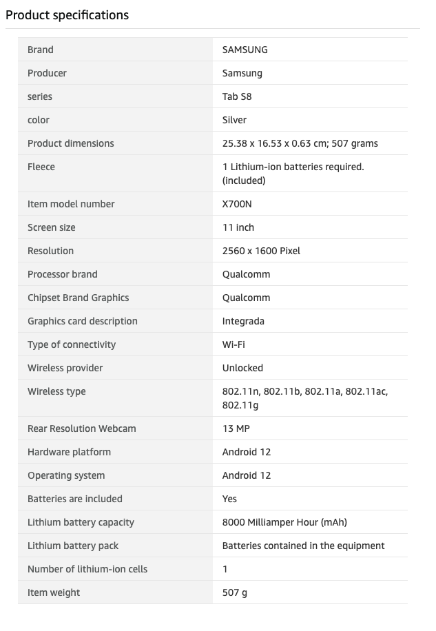 Galaxy Tab S8 terá tela de 11 polegadas e bateria de 8.000 mAh (Imagem: Captura de tela/Amazon)