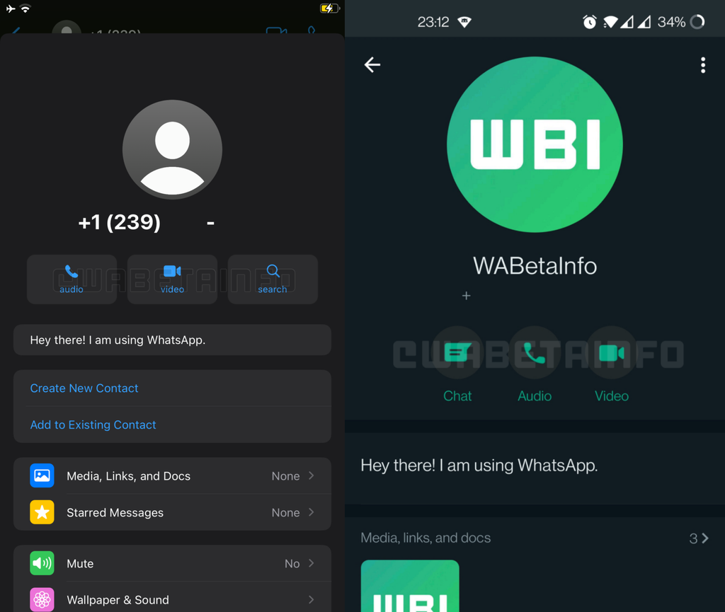 Nova tela "Informações de contato" no iOS à esquerda; no Android à direita (Imagem: Reprodução/WABetaInfo)