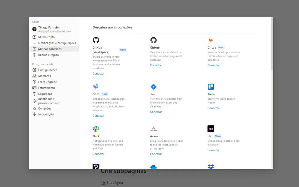 Conecte o Notion ao Google Drive e outras plataformas de produtividade (Imagem: Captura de tela/Thiago Furquim/Canaltech)