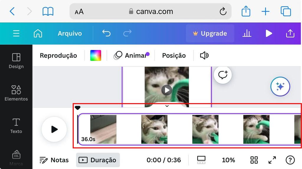 Você pode ajustar o tempo do vídeo ajustando a barra abaixo dele no Canva (Imagem: Captura de tela/Fabrício Calixto/Canaltech)