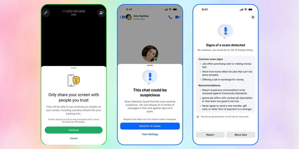 Algumas das mensagens que a Meta passará a mostrar quando suspeitar de golpes no WhatsApp e Facebook Messenger (Imagem: Meta/Divulgação)