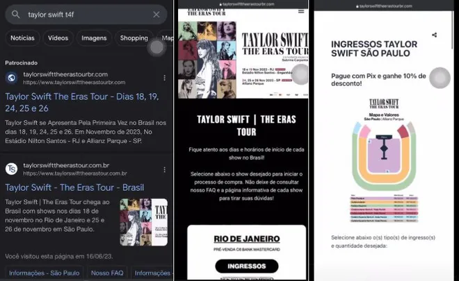 Página falsa de venda de ingressos para shows de Taylor Swift foi promovida através de anúncios no Google, mas só aceitava pagamentos via Pix (Imagem: Reprodução/Marienes/Twitter)