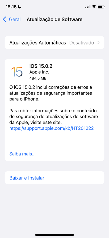 O iOS 15.0.2 já pode ser baixado por proprietários do iPhone (Imagem: Bruno Salutes/Canaltech)