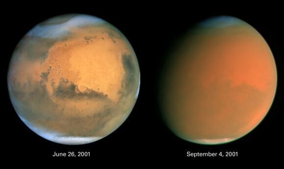 À direita, o planeta Marte totalmente encoberto por uma tempestade de poeira (Imagem: Reprodução/Reprodução/NASA)