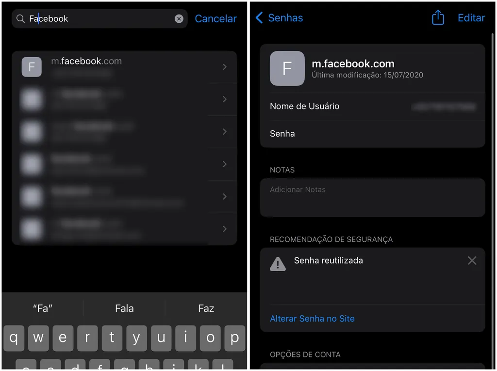 Acesse os ajustes do iOS para encontrar a senha do Facebook no iPhone (Imagem: Captura de tela/Thiago Furquim/Canaltech)