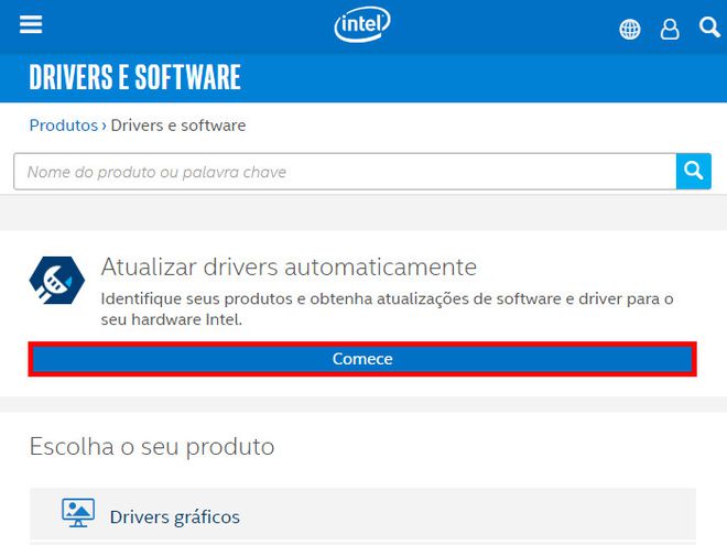 Para baixar o driver que identifica automaticamente o modelo que você tem, clique em "Comece" (Captura de tela: Matheus Bigogno)