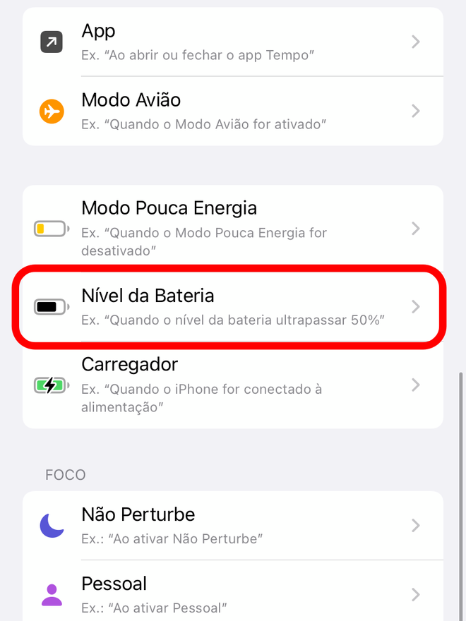 Entre na automação de bateria do app Atalhos - Captura de tela: Thiago Furquim (Canaltech)