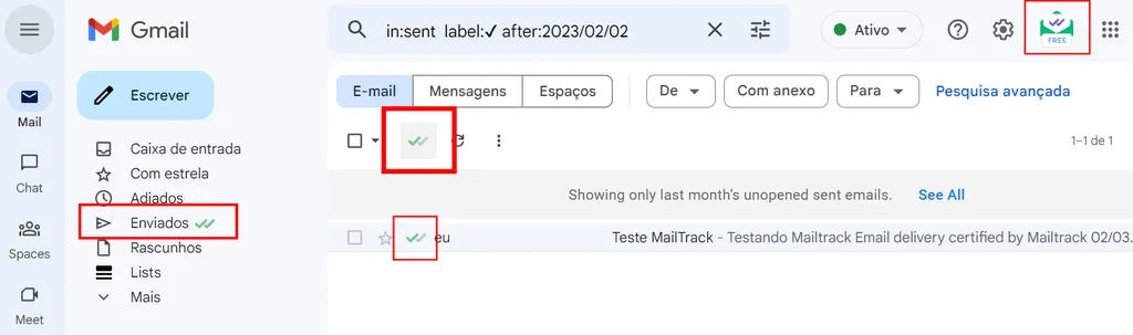 Pasta de Enviados do Gmail com a extensão MailTrack (Imagem: Captura de tela/Guilherme Haas/Canaltech)