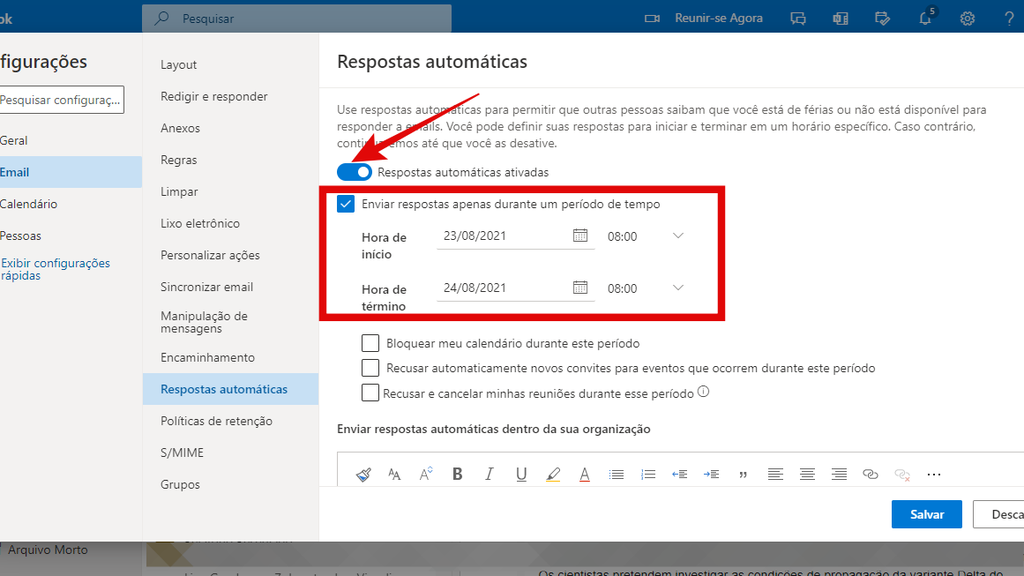 Personalize a data de início e fim das respostas automáticas no seu Outlook (Imagem: Guadalupe Carniel/Captura de tela)