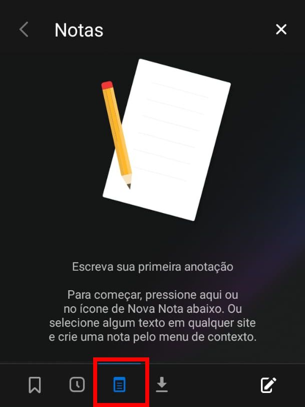 Acesse a aba "Notas" no menu inferior para poder criar suas próprias notas no navegador (Captura de tela: Matheus Bigogno)